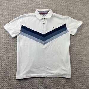 Tommy Hilfiger Polo Shirt Men Extra Large XL White Blue V Striped Golf Casual